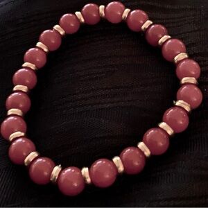 Red Snakeskin Natural Stone Bracelet With Gold Tone Spacers.